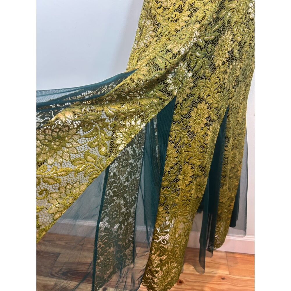 Candalite Distressed Acid Green Teal Forest Fairy Lace Sparkle Maxi Dress Large